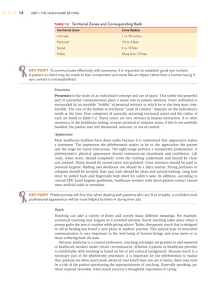 14 UNIT I: THE HEALTHCARE SETTING
KEY POINT To communicate effectively with someone, it is important to establish good eye contact.
A patient or client may be made to feel unimportant and more like an object rather than a human being if
eye contact is not established.
Proxemics
Proxemics is the study of an individual’s concept and use of space. This subtle but powerful
part of nonverbal communication plays a major role in patient relations. Every individual is
surrounded by an invisible “bubble” of personal territory in which he or she feels most com-
fortable. The size of the bubble or territorial “zone of comfort” depends on the individual’s
needs at the time. Four categories of naturally occurring territorial zones and the radius of
each are listed in Table 1-2. These zones are very obvious in human interaction. It is often
necessary, in the healthcare setting, to enter personal or intimate zones; if this is not carefully
handled, the patient may feel threatened, insecure, or out of control.
Appearance
Most healthcare facilities have dress codes because it is understood that appearance makes
a statement. The impression the phlebotomist makes as he or she approaches the patient
sets the stage for future interaction. The right image portrays a trustworthy professional. A
phlebotomist’s physical appearance should communicate cleanliness and conﬁdence. Lab
coats, when worn, should completely cover the clothing underneath and should be clean
and pressed. Shoes should be conservative and polished. Close attention should be paid to
personal hygiene. Bathing and deodorant use should be a daily routine. Strong perfumes or
colognes should be avoided. Hair and nails should be clean and natural-looking. Long hair
must be pulled back and ﬁngernails kept short for safety’s sake. In addition, according to
current CDC hand hygiene guidelines, healthcare workers with direct patient contact cannot
wear artiﬁcial nails or extenders.
KEY POINT Phlebotomists will ﬁnd that when dealing with patients who are ill or irritable, a conﬁdent and
professional appearance will be most helpful to them in doing their job.
Touch
Touching can take a variety of forms and convey many different meanings. For example,
accidental touching may happen in a crowded elevator. Social touching takes place when a
person grabs the arm of another while giving advice. Today, therapeutic touch that is designed
to aid in healing has found a new place in medical practice. This special type of nonverbal
communication is very important to the well-being of human beings and even more so to
those suffering from dis-ease.
Because medicine is a contact profession, touching privileges are granted to and expected
of healthcare workers under certain circumstances. Whether a patient or healthcare provider
is comfortable with touching is based on his or her cultural background. Because touch is a
necessary part of the phlebotomy procedure, it is important for the phlebotomist to realize
that, patients are often much more aware of your touch than you are of theirs; there may even
be a risk of the patient questioning the appropriateness of touching. Generally speaking, pa-
tients respond favorably when touch conveys a thoughtful expression of caring.
TABLE 1-2 Territorial Zones and Corresponding Radii
Territorial Zone Zone Radius
Intimate 1 to 18 inches
Personal 1½ to 4 feet
Social 4 to 12 feet
Public More than 12 feet
 