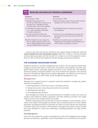 20 UNIT I: THE HEALTHCARE SETTING
Arizona is the only state that has devised its own system outside of Medicaid, called the
Arizona Health Care Cost Containment System (AHCCCS). It differs in that the providers
(private physician groups) must bid annually for contracts to serve this population and pa-
tients are able to choose their healthcare provider through annual open enrollment.
THE CHANGING HEALTHCARE SYSTEM
Healthcare systems are currently undergoing major revisions. The driving force behind these
changes is the perceived need to control costs. Government social programs and other man-
aged healthcare plans continually negotiate discounts on the amount they will reimburse
healthcare facilities, forcing the facilities to cut costs and downsize operations. It has become
the goal of all healthcare organizations to deliver high-quality, cost-effective care in the most
appropriate setting or, in other words, strictly through the management of care.
Managed Care
Managed care is a generic term for a payment system that attempts to manage cost, quality,
and access to healthcare by:
• Detecting illnesses or risk factors early in the disease process
• Putting into practice various ﬁnancial incentives for providers
• Offering patient education
• Encouraging healthy lifestyles
Most managed care systems do not provide healthcare to enrollees; instead, they enter into
contracts with healthcare facilities, physicians, and other healthcare providers who supply
medical services to the enrollees/clients in the plan.
Beneﬁts or payments paid to the provider are made according to a set fee schedule, and en-
rollees must comply with managed care policies such as preauthorization for certain medical
procedures and approved referral to specialists for claims to be paid. Because the association
of provider, payer, and consumer is the foundation of managed care systems, several concepts
have been developed to control this relationship, including gatekeepers and large services
networks.
Case Management
One of the most important concepts in managed care is that of the designated case manager
(primary care physician , gatekeeper), whose responsibility it is to coordinate all of a patient’s
BOX
1-4
MEDICARE AND MEDICAID PROGRAM COMPARISON
Medicare Medicaid
First enacted in 1965. First enacted in 1965.
Federally funded program for Federal and state program that provides medical
providing healthcare to persons over assistance for low-income Americans.
the age of 65, regardless of their
ﬁnancial status, and to the disabled.
An entitlement program because No entitlement feature; recipients must prove
it is a right earned by individuals their eligibility.
through employment.
Financed through Social Security Funds come from federal grants and state and
payroll deductions and copayments. local governments and are administered by
the state.
Beneﬁts divided into two categories; Beneﬁts cover inpatient care, outpatient and
Part A, called hospital services, and diagnostic services, skilled nursing facilities, and
Part B, called supplementary medical home health and physician services.
insurance (SMI), which is optional.
 