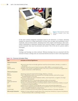 30 UNIT I: THE HEALTHCARE SETTING
Figure 1-10 A Siemens Clinitek
Advantus Analyzer urine strip
reader.
TABLE 1-14 Common Urinalysis Tests
Test Examples of Clinical Signiﬁcance
Physical Evaluation
Color Abnormal colors that are clinically signiﬁcant result from blood melanin, bilirubin, or urobilin in
the sample
Clarity Turbidity may be the result of chyle, fat, bacteria, RBCs, WBCs, or precipitated crystals
Speciﬁc gravity Variation in this indicator of dissolved solids in the urine is normal; inconsistencies suggest renal
tubular involvement or ADH deﬁciency
Chemical Evaluation
Blood Hematuria may be the result of hemorrhage, infection, or trauma
Bilirubin Aids in differentiating obstructive jaundice from hemolytic jaundice, which will not cause
increased bilirubin in the urine
Glucose Glucosuria could be the result of diabetes mellitus, renal impairment, or ingestion of a large
amount of carbohydrates
Ketones Elevated ketones occur in uncontrolled diabetes mellitus and starvation
Leukocyte esterase Certain white cells (neutrophils) in abundance indicate urinary tract infection
pH Variations in pH indicate changes in acid–base balance, which is normal; loss of ability to vary pH
is indicative of tissue breakdown
Protein Proteinuria is an indicator of renal disorder, such as injury and renal tube dysfunction
Nitrite Positive result suggests bacterial infection but is signiﬁcant only on ﬁrst-morning specimen or
urine incubated in bladder for at least 4 hours
Urobilinogen Occurs in increased amounts when patient has hepatic problems or hemolytic disorders
Microscopic Evaluation Analysis of urinary sediment reveals status of the urinary tract, hematuria, or pyuria; the presence
of casts and tissue cells is a pathologic indicator
of the most common diagnostic techniques found in the laboratory: (1) biopsy, obtaining
samples by removal of a plug (small piece) of tissue from an organ and examining it micro-
scopically, and (2) frozen section, obtaining tissue from surgery and freezing it, then exam-
ining it immediately to determine whether more extensive surgery is needed. Before tissues
can be evaluated, they must be processed and stained. This is the role of a person called a
histologist.
Cytology
Cytology and histology are often confused. Whereas histology tests are concerned with the
structure of tissue, cytology tests are concerned with the structure of cells. In this department,
 