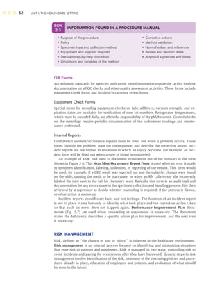 52 UNIT I: THE HEALTHCARE SETTING
QA Forms
Accreditation standards for agencies such as the Joint Commission require the facility to show
documentation on all QC checks and other quality assessment activities. These forms include
equipment check forms and incident/occurrence report forms.
Equipment Check Forms
Special forms for recording equipment checks on tube additives, vacuum strength, and ex-
piration dates are available for veriﬁcation of new lot numbers. Refrigerator temperatures,
which must be recorded daily, are often the responsibility of the phlebotomist. Control checks
on the centrifuge require periodic documentation of the tachometer readings and mainte-
nance performed.
Internal Reports
Conﬁdential incident/occurrence reports must be ﬁlled out when a problem occurs. These
forms identify the problem, state the consequence, and describe the corrective action. Inci-
dent reports are not limited to situations in which an injury occurred. For example, an inci-
dent form will be ﬁlled out when a tube of blood is mislabeled.
An example of a QC tool used to document occurrences out of the ordinary is the form
shown in Figure 2-6. This Near Miss/Occurrence Report Form is used when an error is made
in specimen identiﬁcation, labeling, collection, or reporting of the results. This form would
be used, for example, if a CBC result was reported out and then platelet clumps were found
on the slide, causing the result to be inaccurate, or when an RN calls to say she incorrectly
labeled the tube sent to the lab for chemistry tests. Basically this form is an audit trail and
documentation for any errors made in the specimen collection and handling process. It is then
reviewed by a supervisor to decide whether counseling is required, if the process is ﬂawed,
or other action is necessary.
Incident reports should state facts and not feelings. The function of an incident report
is not to place blame but only to identify what took place and the corrective action taken
so that such an event does not happen again. Performance Improvement Plan docu-
ments (Fig. 2-7) are used when counseling or suspension is necessary. The document
states the deﬁciency, describes a speciﬁc action plan for improvement, and the next step
if necessary.
RISK MANAGEMENT
Risk, deﬁned as “the chance of loss or injury,” is inherent in the healthcare environment.
Risk management is an internal process focused on identifying and minimizing situations
that pose risk to patients and employees. Risk is managed in two ways: controlling risk to
avoid incidents and paying for occurrences after they have happened. Generic steps in risk
management involve identiﬁcation of the risk, treatment of the risk using policies and proce-
dures already in place, education of employees and patients, and evaluation of what should
be done in the future.
BOX
2-3
INFORMATION FOUND IN A PROCEDURE MANUAL
• Purpose of the procedure • Corrective actions
• Policy • Method validation
• Specimen type and collection method • Normal values and references
• Equipment and supplies required • Review and revision dates
• Detailed step-by-step procedure • Approval signatures and dates
• Limitations and variables of the method
 