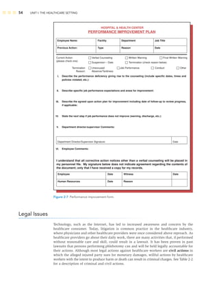 54 UNIT I: THE HEALTHCARE SETTING
Legal Issues
Technology, such as the Internet, has led to increased awareness and concern by the
healthcare consumer. Today, litigation is common practice in the healthcare industry,
where physicians and other healthcare providers were once considered above reproach. As
healthcare providers go about their daily work, there are many activities that, if performed
without reasonable care and skill, could result in a lawsuit. It has been proven in past
lawsuits that persons performing phlebotomy can and will be held legally accountable for
their actions. Although most legal actions against healthcare workers are civil actions in
which the alleged injured party sues for monetary damages, willful actions by healthcare
workers with the intent to produce harm or death can result in criminal charges. See Table 2-2
for a description of criminal and civil actions.
HOSPITAL & HEALTH CENTER
PERFORMANCE IMPROVEMENT PLAN
Employee Name:
Previous Action:
Facility
Type
Department
Reason
Job Title
Date
Employee
Human Resources
Date
Date
Witness
Reason
Date
I understand that all corrective action notices other than a verbal counseling will be placed in
my personnel file. My signature below does not indicate agreement regarding the contents of
the document; only that I have received a copy for my records.
I.
II.
III.
IV.
V.
VI.
Describe the performance deficiency giving rise to the counseling (include specific dates, times and
policies violated, etc.):
Describe specific job performance expectations and areas for improvement:
Describe the agreed upon action plan for improvement including date of follow-up to review progress,
if applicable:
State the next step if job performance does not improve (warning, discharge, etc.):
Department director/supervisor Comments:
Employee Comments:
Current Action:
(please check one)
Verbal Counseling Written Warning Final Written Warning
Suspension – Date Termination (check reason below)
Unexcused Job Performance Conduct Other
Absence/Tardiness
Termination
Reason:
Department Director/Supervisor Signature: Date
Figure 2-7 Performance improvement form.
 