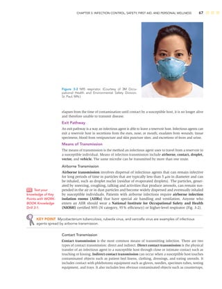 CHAPTER 3: INFECTION CONTROL, SAFETY, FIRST AID, AND PERSONAL WELLNESS 67
elapses from the time of contamination until contact by a susceptible host, it is no longer alive
and therefore unable to transmit disease.
Exit Pathway
An exit pathway is a way an infectious agent is able to leave a reservoir host. Infectious agents can
exit a reservoir host in secretions from the eyes, nose, or mouth; exudates from wounds; tissue
specimens; blood from venipuncture and skin puncture sites; and excretions of feces and urine.
Means of Transmission
The means of transmission is the method an infectious agent uses to travel from a reservoir to
a susceptible individual. Means of infection transmission include airborne, contact, droplet,
vector, and vehicle. The same microbe can be transmitted by more than one route.
Airborne Transmission
Airborne transmission involves dispersal of infectious agents that can remain infective
for long periods of time in particles that are typically less than 5 m in diameter and can
be inhaled, such as droplet nuclei (residue of evaporated droplets). The particles, gener-
ated by sneezing, coughing, talking and activities that produce aerosols, can remain sus-
pended in the air or in dust particles and become widely dispersed and eventually inhaled
by susceptible individuals. Patients with airborne infections require airborne infection
isolation rooms (AIIRs) that have special air handling and ventilation. Anyone who
enters an AIIR should wear a National Institute for Occupational Safety and Health
(NIOSH) certiﬁed N95 (N category, 95% efﬁciency) or higher-level respirator (Fig. 3-2).
KEY POINT Mycobacterium tuberculosis, rubeola virus, and varicella virus are examples of infectious
agents spread by airborne transmission.
Contact Transmission
Contact transmission is the most common means of transmitting infection. There are two
types of contact transmission: direct and indirect. Direct contact transmission is the physical
transfer of an infectious agent to a susceptible host through close or intimate contact such as
touching or kissing. Indirect contact transmission can occur when a susceptible host touches
contaminated objects such as patient bed linens, clothing, dressings, and eating utensils. It
includes contact with phlebotomy equipment such as gloves, needles, specimen tubes, testing
equipment, and trays. It also includes less obvious contaminated objects such as countertops,
Test your
knowledge of Key
Points with WORK-
BOOK Knowledge
Drill 3-1.
Figure 3-2 N95 respirator. (Courtesy of 3M Occu-
pational Health and Environmental Safety Division.
St. Paul, MN.)
 