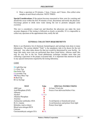 PHLEBOTOMY
Medtexx Medical Corporation - 56 -
4. Draw a specimen at 30 minutes, 1 hour, 2 hours, and 3 hours. Also collect urine
samples at each blood collection. NOTE TIMES.
Special Considerations: If the patient becomes nauseated or faint, note for vomiting and
should this occur within the first 30 minutes of test, discontinue and notify the physician.
Encourage patient to drink more water during the test to promote adequate urine
excretion.
This test is considered a timed test and therefore the physician can make the most
accurate diagnosis if the testing is followed as closely as possible. If it is impossible to
collect any specimen at the appointment time, notify the lab.
GENERAL COLLECTION REQUIREMENTS
Below is an illustrative list of chemical, hematological, and serologic tests done in many
laboratories. The section labeled “Tube” is the mandatory tube to be drawn for the test
indicated. Any other tubes drawn for that test would be determined by your facility. In
large labs many more tests are performed than those listed below, whereas small labs
may do very few in the list. Good phlebotomy technique includes more than just
collecting a specimen in the proper evacuated tube. It is important that attention be paid
to any special instructions required by the testing laboratory.
CODE
B-Light blue top
Gr-Grey Top
Gn-Green Top
L-Lavender Top
NB-Navy Blue Top
R-Red Top
S-Use Syringe
TEST Tube SPECIAL INSTRUCTIONS
ABO type R At least 7.0 ml clot
Acid Phosphate (PAP) R Freeze if not delivered before 4 hrs.
Albumin R
Alcohol L / Gr
Alkaline Phosphate R
Amylase R
Antinuclear antibodies ANA R Avoid lipemic or hemolyzed serum
B-12, vitamin R Avoid hemolysis and protect from light
Bilirubin, total or direct R Protect from light
Blood urea nitrogen BUN R
Calcium R
Carcineombrynic antigen CEA R / L
 