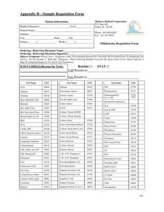 Patient Information
Medical Record #_______________________d.o.b.____________
Patient Name___________________________________________
Address _______________________________________________
City______________________State_______Zip_______________
Home (______)______________ Work (______)_____________
Medtexx Medical Corporation
P.O. Box 845
Gotha, FL 34734
Phone: 407-905-0203
Fax: 321-221-9423
Phlebotomy Requisition Form
Ordering / Referring Physician Name:___________________________________________________________
Ordering / Referring Physician Signature:________________________________________________________
Signs or Symptoms (Please Note: Diagnosis Codes Necessitating Reason For Visit Must Be Provided Prior To Rendering Lab
Service. Do Not Include A “Rule Out” Diagnosis. When Ordering Multiple Tests On The Same Order Form, Please Indicate A
Sign Or Symptom/Diagnosis For Each Test/Treatment).
Routine □ STAT □
Call Results to:________________________________
Fax Results to:________________________________
ICD-9 CODE(S)/Reason for Tests:
_______________________________
_______________________________
Test Name CPT
ANA 86038
Alkaline 84075
Amylase 82150
Basic Metabolic Prof. 80048
Bilirubin 82247
Bili, Adult Total 82247
Bili, Neo.Direct/Total 82248
Blood Culture X1 X2 87040
BNP 83519
BUN 84520
Cardio CRP 86140
CRP (C-Reactive prot.) 86140
Calcium 82310
Cardiolipin Antibody 86147
Carbamazepine 80156
CBC w/plts, auto diff 85025
CBC Manual diff 85007
Hemagram 85021
CEA 82378
Cholesterol, Total 82465
CK, Total 82550
Comprehensive Meta. 80053
Coronary Risk Lipids 80061
Creatinine 82565
Digoxin 82565
Test Name CPT
Dilantin 80185
Electrolytes, Serum 80051
Ferritin, Serum 82728
Flu AB A&B, swab 87400
Folate, Serum 82746
GGTP 82977
Culture, Throat, RAPID
Culture, Throat, Routine
Culture, Stool 87045
Stool, Clostridium difficile 87324
Culture, Stool, Hem.E.coli 87045
Stool, Occult Blood 82270
Stool, Ova & Parasite 87177
Stool, Rotavirus 87425
Culture, Wound 87070
Glucose, Serum 82947
2 Hr. GTT (Pregnancy) 82947
3 Hr. GTT (Standard) 82947
Glycohemoglobin, A1C 83036
HCG Beta Quant 84702
Hepatitis B surface AB 86706
Hepatitis B surface AG 87340
Hepatitis C AB 86803
Hepatic Function 80076
Hepatitis Profile (A, B, C) 80074
Test Name CPT
HIV 87536
Homocysteine 82131
Immunoglobulin
(A, G, M)
82784
83883
Immunoelectrophoresis
Iron 83540
Iron & TIBC 83550
LDH 83615
Lipase 83690
Magnesium 83735
Mono Screen 86308
Phosphorus 84100
Protein Electrophor. 84165
Potassium 84132
PSA Total & Free 84154
PSA 84153
PT 85610
PTT 85730
Reticulocyte Count 85045
Sed Rate, ESR 85651
SGPT (ALT) 84460
SGOT (AST) 84450
T3 Total 84480
T4, Free 84439
TSH 84443
Theophylline 80198
Appendix B—Sample Requisition Form
~ii~
 