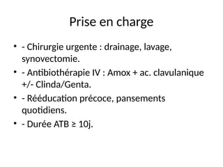Prise en charge
• - Chirurgie urgente : drainage, lavage,
synovectomie.
• - Antibiothérapie IV : Amox + ac. clavulanique
+/- Clinda/Genta.
• - Rééducation précoce, pansements
quotidiens.
• - Durée ATB ≥ 10j.
 