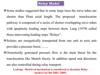 Relay Model
Some studies suggested that in some large trees the sieve tubes are
shorter than Plant axial length. The proposed translocation
pathway is composed of a series of shorter overlapping sieve tubes
with apoplastic loading steps between them. Lang (1979) called
those intervening loading steps “Relays”.
Solutes are energetically transported from one unit to next unit
provides a pressure boost…….
Osmotically generated pressure flow is the main thrust for the
translocation like Munch theory. In addition speed and directions
are also controlled during relay transport.
Leakage –Retrieval mechanism is considered as dynamic Relay
model (van Bel 2003, 2005)
 