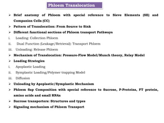 Phloem Translocation
 Brief anatomy of Phloem with special reference to Sieve Elements (SE) and
Companion Cells (CC)
 Pattern of Translocation: From Source to Sink
 Different functional sections of Phloem transport Pathways
i. Loading: Collection Phloem
ii. Dual Function (Leakage/Retrieval): Transport Phloem
iii. Unloading: Release Phloem
 Mechanism of Translocation: Pressure-Flow Model/Munch theory, Relay Model
 Loading Strategies
i. Apoplastic Loading
ii. Symplastic Loading/Polymer trapping Model
iii. Diffusion
 Unloading by Apoplastic/Symplastic Mechanism
 Phloem Sap Composition with special reference to Sucrose, P-Proteins, FT protein,
amino acids and small RNAs
 Sucrose transporters: Structures and types
 Signaling mechanism of Phloem Transport
 