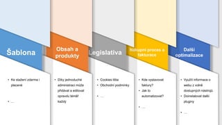 Další
optimalizace
• Využít informace o
webu z volně
dostupných nástrojů
• Doinstalovat další
pluginy
• …
Nákupní proces a
fakturace
• Kde vystavovat
faktury?
• Jak to
automatizovat?
• …
Legislativa
• Cookies lišta
• Obchodní podmínky
• …
Obsah a
produkty
• Díky jednoduché
administraci může
přidávat a editovat
opravdu téměř
každý
Šablona
• Ke stažení zdarma i
placené
• …
 