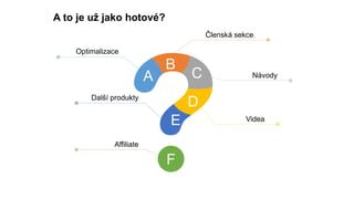 F
A
D
B
C
E
Optimalizace
Členská sekce.
Návody
Videa
Další produkty
Affiliate
A to je už jako hotové?
 