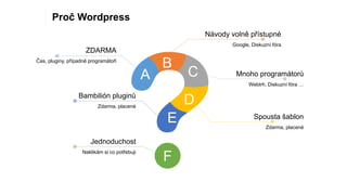 F
A
D
B
C
E
ZDARMA
Čas, pluginy, případně programátoři
Návody volně přístupné
Google, Diskuzní fóra
Mnoho programátorů
Webtrh, Diskuzní fóra …
Spousta šablon
Zdarma, placené
Bambilión pluginů
Zdarma, placené
Jednoduchost
Naklikám si co potřebuji
Proč Wordpress
 