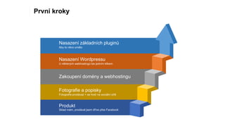 Nasazení základních pluginů
Aby to něco umělo
Nasazení Wordpressu
U některých webhostingů lze jedním klikem
Zakoupení domény a webhostingu
Fotografie a popisky
Fotografie prodávají + se hodí na sociální síťě
Produkt
Sklad mám, prodával jsem dříve přes Facebook
První kroky
 