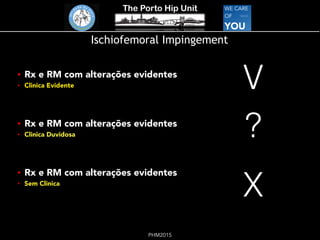 The Porto Hip Unit
PHM2015
Ischiofemoral Impingement
• Rx e RM com alterações evidentes
• Clinica Evidente
• Rx e RM com alterações evidentes
• Clinica Duvidosa
• Rx e RM com alterações evidentes
• Sem Clinica
?
X
V
 