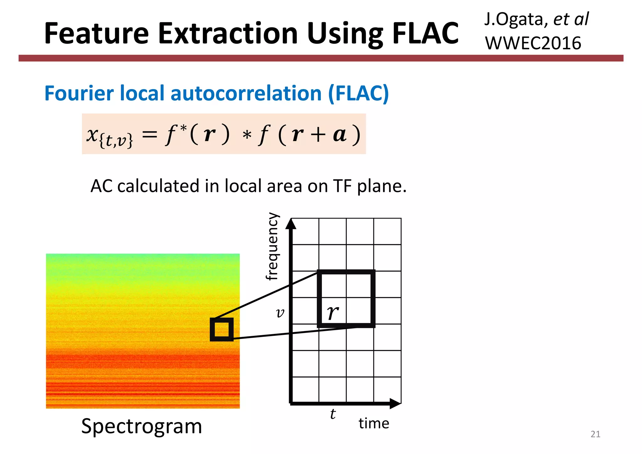 Feature Extraction Using FLAC
Spectrogram 21
,
∗
time
frequency
Fourier local autocorrelation (FLAC)
AC calculated in local area on TF plane.
J.Ogata, et al
WWEC2016
 