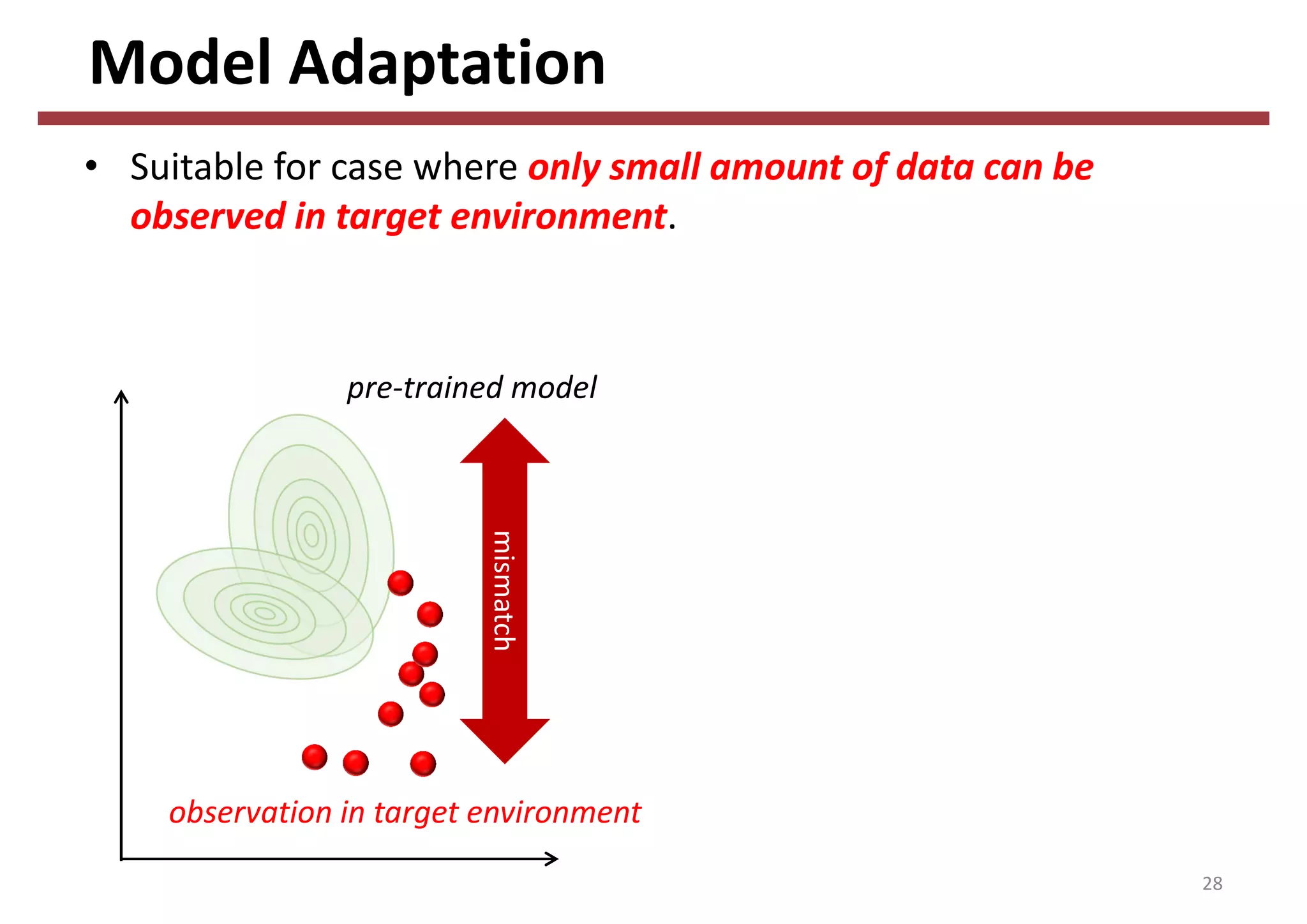 Model Adaptation
• Suitable for case where only small amount of data can be 
observed in target environment.
28
pre‐trained model
mismatch
observation in target environment
 