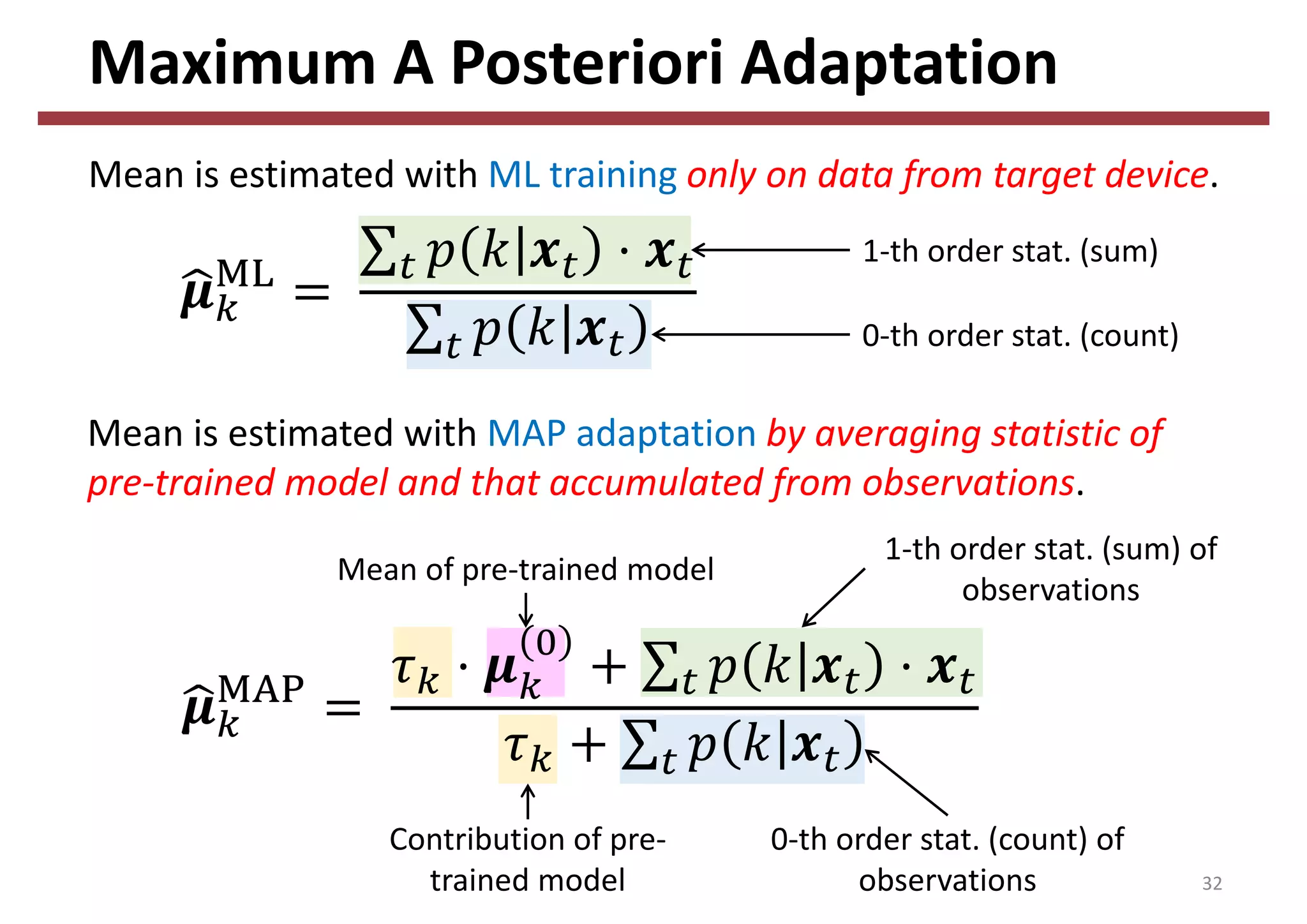 Maximum A Posteriori Adaptation
32
Mean is estimated with ML training only on data from target device.
Mean is estimated with MAP adaptation by averaging statistic of 
pre‐trained model and that accumulated from observations.
1‐th order stat. (sum)
0‐th order stat. (count)
Contribution of pre‐
trained model
Mean of pre‐trained model
0‐th order stat. (count) of 
observations
1‐th order stat. (sum) of 
observations
 