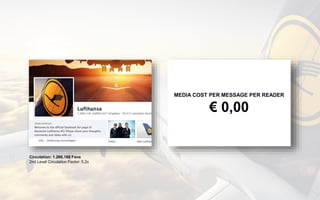 Circulation: 1.266.188 Fans
2nd Level Circulation Factor: 5,2x
MEDIA COST PER MESSAGE PER READER
€ 0,00
 