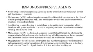 IMMUNOSUPPRESSIVE AGENTS
• Non-biologic immunosuppressive agents are mostly antimetabolites that disrupt normal
cell functioning = cytotoxic
• Methotrexate (MTX) and azathioprine are considered first choice treatments in the class of
steroid-sparing IIM therapies. MTX and azathioprine are also first choice treatments in
situations of steroid resistance
• Azathioprine is a pro-drug that is metabolized in the gut to 6-mercaptopurine, which
interferes with purine synthesis. It is safe in pregnancy as foetal liver cannot metabolize
the drug into its active form
• Methotrexate (MTX) is a folic acid antagonist (an antifolate) that acts by inhibiting the
enzyme dihydrofolic reductase, thereby interfering with DNA synthesis. Lower doses of
MTX (than that used in cancer treatment) are used for autoimmune diseases
• Mycophenolate mofetil is also a prodrug that acts by inhibiting inosine monophosphate
dehydrogenase in purine biosynthesis. It is converted to mycophenolic acid in the body,
which restrains T and B cell proliferation. It is less toxic than azathioprine
 
