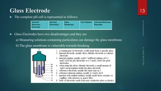 Glass Electrode
 The complete pH cell is represented as follows:
 Glass Electrodes have two disadvantages and they are
a) Measuring solutions containing particulates can damage the glass membrane
b) The glass membrane is vulnerable towards breaking
13
Internal
Reference
Electrode
Internal
Electrolyte
Glass
Membrane
Test Solution External Reference
Electrode
 