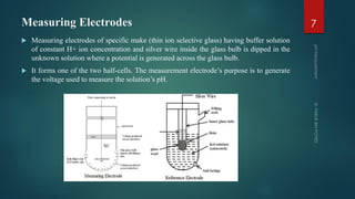 Measuring Electrodes
 Measuring electrodes of specific make (thin ion selective glass) having buffer solution
of constant H+ ion concentration and silver wire inside the glass bulb is dipped in the
unknown solution where a potential is generated across the glass bulb.
 It forms one of the two half-cells. The measurement electrode’s purpose is to generate
the voltage used to measure the solution’s pH.
7
 