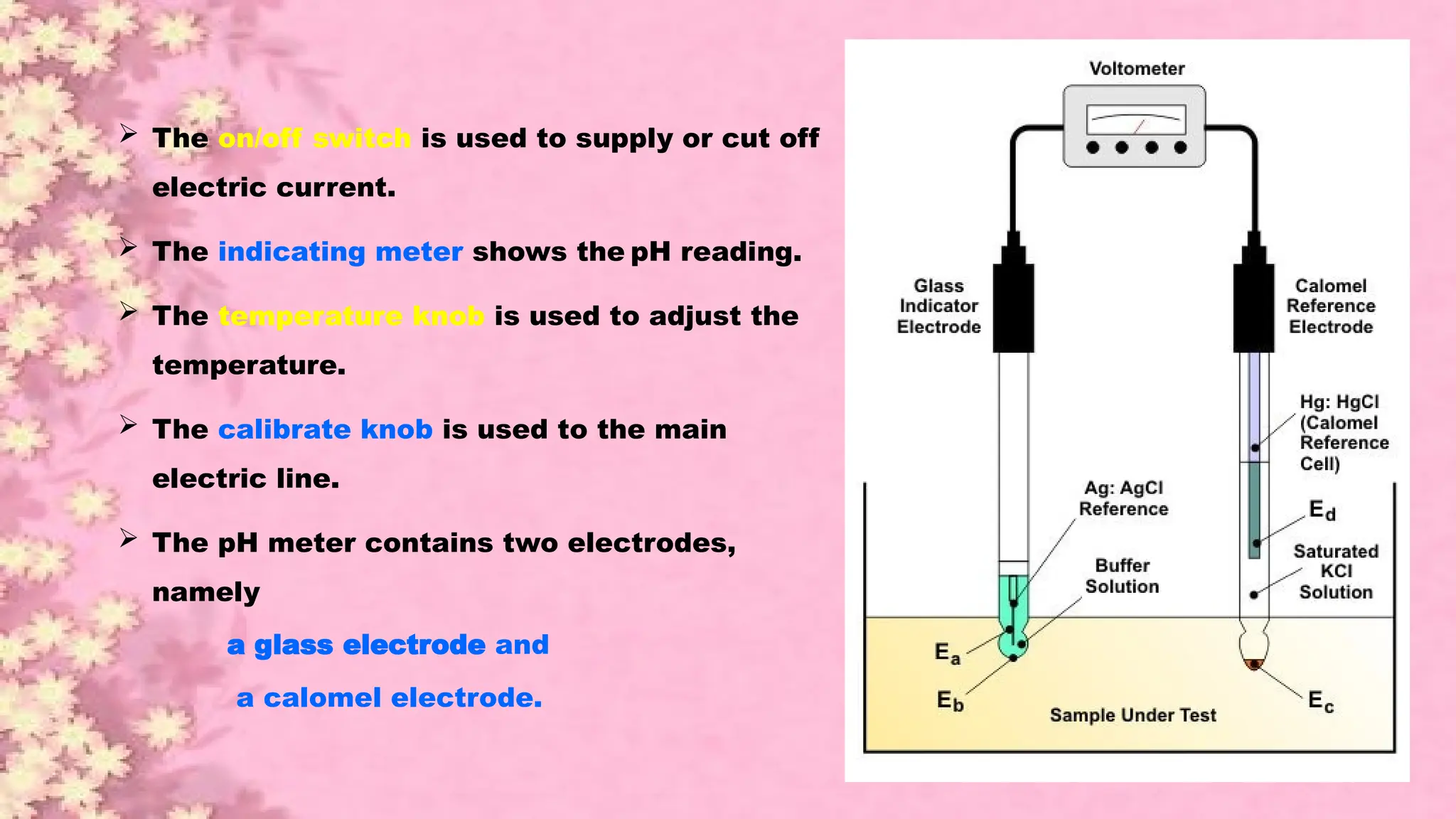  The on/off switch is used to supply or cut off
electric current.
 The indicating meter shows the pH reading.
 The temperature knob is used to adjust the
temperature.
 The calibrate knob is used to the main
electric line.
 The pH meter contains two electrodes,
namely
a glass electrode and
a calomel electrode.
 
