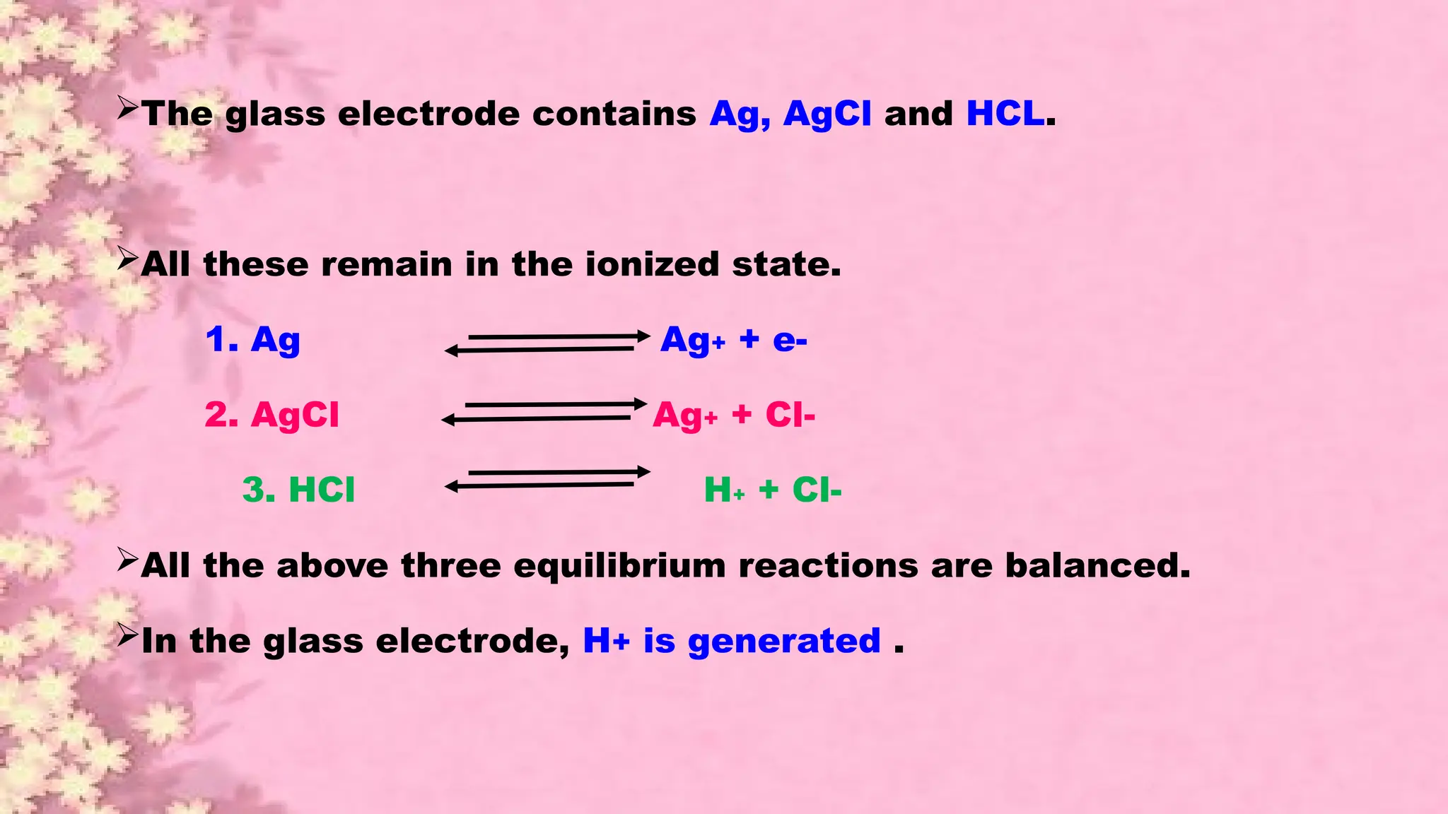 The glass electrode contains Ag, AgCl and HCL.
All these remain in the ionized state.
1. Ag Ag+ + e-
2. AgCl Ag+ + Cl-
3. HCl H+ + Cl-
All the above three equilibrium reactions are balanced.
In the glass electrode, H+ is generated .
 