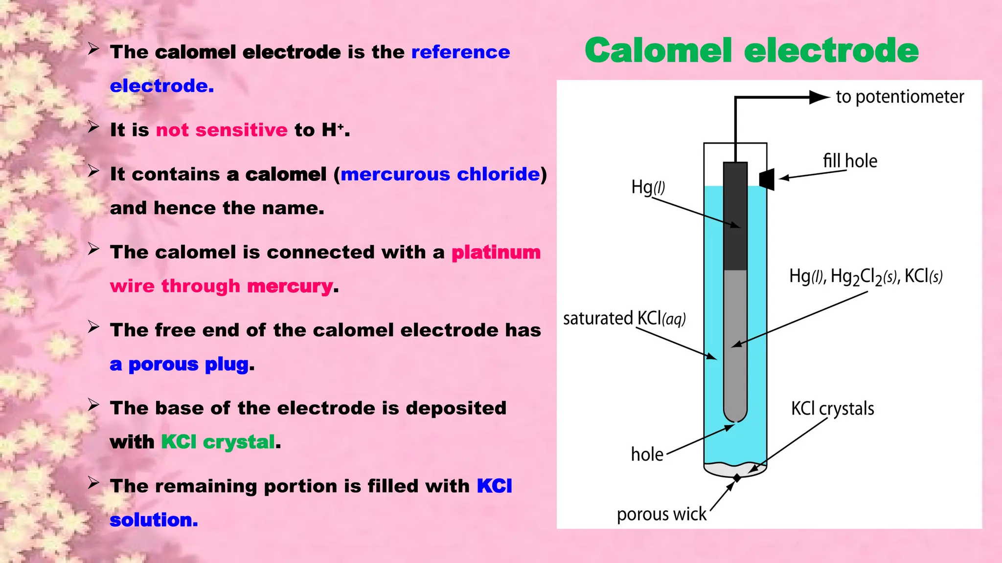  The calomel electrode is the reference
electrode.
 It is not sensitive to H+
.
 It contains a calomel (mercurous chloride)
and hence the name.
 The calomel is connected with a platinum
wire through mercury.
 The free end of the calomel electrode has
a porous plug.
 The base of the electrode is deposited
with KCl crystal.
 The remaining portion is filled with KCl
solution.
Calomel electrode
 