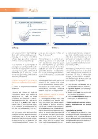 Aula86
con sus consumidores objetivo (dirigi-
dos a cubrir sus necesidades, expecta-
tivas...) y con su marco competitivo
(ofrecer algo que otros productos
similares no ofrecen) (Gráfico 5).
En el momento de la prescripción, el
prescriptor no estará pensando exclu-
sivamente en las características técni-
cas del producto, sino además en el
BENEFICIO que el producto pueda
ofrecer a su paciente y por lo tanto a
él mismo como médico.
El médico “compra“ lo que le ofrece
el fármaco: Los beneficios del produc-
to
Lo vemos en el ejemplo mostrado en
el Gráfico 6.
Teniendo en cuenta los aspectos
comentados hasta aquí, vemos la
importancia de crear un buen
“Concepto de Producto” o varios,
transformando bien sus característi-
cas técnicas en BENEFICIOS para el
cliente al que va dirigido, con el objeti-
vo de conseguir la conducta prescrip-
tora que nos proponemos (Gráfico 7).
Una vez vista la importancia de cono-
cer cómo funciona la mente de nues-
tro cliente y qué es lo que le lleva a
desarrollar una determinada conduc-
ta prescriptora, para el desarrollo del
“Concepto de Producto” vamos a ver
para qué es necesario realizar un
“Test de Concepto”.
Primero tengamos en cuenta la com-
petencia que existe en la actualidad
entre las diferentes empresas y por
ello será importante que pensemos
en un continuo reciclaje de nuestros
productos con el fin de no pasar des-
apercibidos de cara a nuestros clien-
tes, lo que podría requerir una reno-
vación del “Concepto o Conceptos de
Producto”.
Para ello será interesante realizar un
análisis de los cambios que hayan
podido experimentar nuestros clien-
tes respecto a sus necesidades, sus
estilos de vida, sus hábitos... a los que
deberán adaptarse dichos productos.
¿Cómo podemos conocer la opinión
de nuestros “clientes”?
La “Investigación de Mercados”, con
el fin de minimizar los posibles ries-
gos o dificultades que puedan presen-
tarse durante el proceso de forma-
ción de los “Conceptos de Producto”,
se encarga de recabar toda esta infor-
mación y conocer por qué unos pro-
ductos se venden más, por qué otros
no se venden, qué es lo que influye
para que el prescriptor prescriba,
para que los consumidores los com-
pren, cuáles son los procesos que
están implicados en su elección, etc.
Lo ideal es que el proceso para averi-
guar toda esta información comience
antes de la comercialización y/o de la
fabricación del producto, pero lo cier-
to es que en sectores como el farma-
céutico hacerlo de esta forma no siem-
pre va a ser posible.
Primero se seguirían una serie de fases
para conocer el contexto en el que va
a estar inmerso el producto hasta que
finalmente, con toda la información
recogida, se procedería a la elabora-
ción del “Concepto de Producto”. Las
fases van a ser las siguientes:
• Conocimiento del mercado en el
que se va a encontrar el producto.
• El público objetivo al que va dirigi-
do el producto.
• Diseñar varias ideas para la creación
del concepto de producto.
• Realizar un filtraje de las ideas que
han surgido en la fase anterior.
1. Conocimiento del mercado del pro-
ducto y determinación del público
objetivo:
Conocimiento del mercado
En esta primera fase el objetivo va a ser
básicamente delimitar el sector en el que
se pretende incidir (Gráfico 8), y en este
sentido la función de la Investigación de
Mercados será la de informar a la empre-
sa de los siguientes puntos:
Gráfico 5.- Gráfico 6.-
 