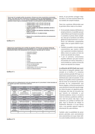91
detrás, el que permite conseguir mejo-
res datos y con más exactitud dentro de
los modelos de Conjoint Analysis.
Tiene tres cuestiones diferenciales que
le permiten afinar mejor en los datos:
• El encuestado empieza definiendo su
propio producto y es posible que por
cada atributo que incorpora se pueda
ir sumando un precio, hasta comple-
tar, más que un producto una oferta
global de producto/servicio o un pro-
ducto con diferentes componentes
según cómo se quiera definir el pro-
ducto.
• También se pueden conocer aquellas
características que nuestro cliente
real o potencial considera imprescin-
dible a tener en cuenta a la hora de
tomar una decisión de compra.
• Y por el contrario, conoceremos
aquellos atributos que para nuestro
encuestado son menos relevantes, o
nunca tendría en cuenta a la hora de
tomar una decisión de compra.
La utilización del BYO (built your own)
Para ilustrar el pequeño ejemplo men-
cionado en el Gráfico nº 4 tenemos
nuestra primera pantalla BYO que va a
determinar posteriormente un conjoint
individual para cada encuestado. Si nos
fijamos en el gráfico tiene la particulari-
dad de tener en la derecha los precios
parciales de los componentes que
hemos elegido y al final encontramos la
suma del precio total de la opción elegi-
da. Antes de pasar a la siguiente panta-
lla (porque este tipo de encuesta hay
que hacerla en ordenador o por
Internet) podemos revisar si el precio
total nos interesa y podemos cambiar a
otro nivel de precio más bajo o alto
solamente con cambiar el atributo ele-
gido. Aquí la filosofía de trabajo es
totalmente diferente a la que hemos
visto y nos permite capturar mejor la
información de cada individuo.
También cabe la posibilidad de poner
precios parciales, pero precisamente
esta característica es la que mejor defi-
ne a este modelo, teniendo el encuesta-
Gráfico nº 6
Gráfico nº 7
Gráfico nº 8
 