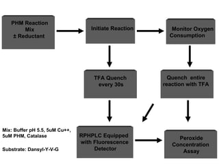 Substrate: Dansyl-Y-V-G Mix: Buffer pH 5.5, 5uM Cu++,  5uM PHM, Catalase PHM Reaction Mix ± Reductant  TFA Quench  every 30s Initiate Reaction RPHPLC Equipped  with Fluorescence Detector Monitor Oxygen Consumption  Quench  entire reaction with TFA Peroxide Concentration  Assay 