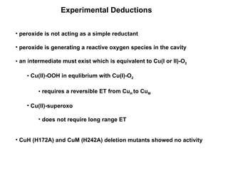 peroxide is not acting as a simple reductant peroxide is generating a reactive oxygen species in the cavity an intermediate must exist which is equivalent to Cu(I or II)-O 2 Cu(II)-OOH in equlibrium with Cu(I)-O 2 requires a reversible ET from Cu H  to Cu M Cu(II)-superoxo does not require long range ET CuH (H172A) and CuM (H242A) deletion mutants showed no activity Experimental Deductions 
