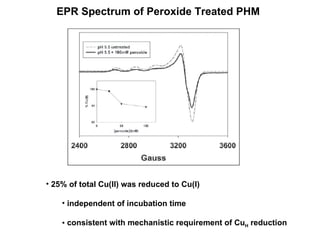 Peroxide reduces 25% of the Cu centers EPR Spectrum of Peroxide Treated PHM 25% of total Cu(II) was reduced to Cu(I) independent of incubation time consistent with mechanistic requirement of Cu H  reduction 