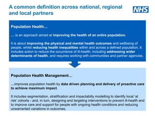 A common definition across national, regional
and local partners
Population Health…
… is an approach aimed at improving the health of an entire population.
It is about improving the physical and mental health outcomes and wellbeing of
people, whilst reducing health inequalities within and across a defined population. It
includes action to reduce the occurrence of ill-health, including addressing wider
determinants of health, and requires working with communities and partner agencies.
Population Health Management…
…improves population health by data driven planning and delivery of proactive care
to achieve maximum impact.
It includes segmentation, stratification and impactabilty modelling to identify local ‘at
risk’ cohorts - and, in turn, designing and targeting interventions to prevent ill-health and
to improve care and support for people with ongoing health conditions and reducing
unwarranted variations in outcomes.
 