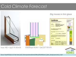 Big moves in thin glass
Source: SuperWindows.eu & http://www.passiv.de/komponentendatenbank/files/pdf/zertifikate/zd_pazen_enersign-plus-arctis_en.pdf
Invis 160 = Ug 0.15 W/m2K ENERsign Arctis = Uw 0.57 W/m2K
 