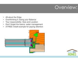 • All about the Edge
• Overthinking it: losing your Balance
• Your responsibility: Size and Location
• Don’t forget the basics: water management
• A FREE install example for paying attention
Passive House Recipe
" Buildings heated with hair dryers"
Overview:
 