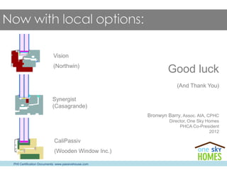 Good luck
(And Thank You)
Vision
(Northwin)
PHI Certification Documents: www.passivehouse.com
CaliPassiv
(Wooden Window Inc.)
Synergist
(Casagrande)
Bronwyn Barry, Assoc. AIA, CPHC
Director, One Sky Homes
PHCA Co-President
2012
 