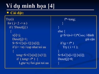 Ví dụ minh họa [4] Cài đặt: Try(i) for ( j= 2 -> n ) if ( !Daxet[j] ) { x[i]=j; Daxet[j]=1; S=S+C[x[i-1]] [x[i]];  if (i= =n) //cap nhat toi uu { tong=S+C[x[n]] [x[1]];   if  ( tong< f* )  {   Lgtu=x;//loi giai toi uu f*=tong;  } } else { g=S+(n-i+1)*C min ; //đánh  giá cận if (g < f* ) Try ( i +1 ); } S=S-C[x[i-1]] [x[i]]; Daxet[j]=0; } 