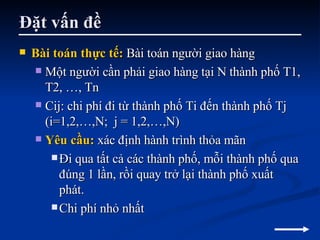 Đặt vấn đề Bài toán thực tế:  Bài toán người giao hàng Một người cần phải giao hàng tại N thành phố T1, T2, …, Tn Cij: chi phí đi từ thành phố Ti đến thành phố Tj (i=1,2,…,N;  j = 1,2,…,N) Yêu cầu:  xác định hành trình thỏa mãn Đi qua tất cả các thành phố, mỗi thành phố qua đúng 1 lần, rồi quay trở lại thành phố xuất phát. Chi phí nhỏ nhất  
