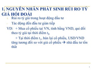 1. NGUYÊN NHÂN PHÁT SINH RỦI RO TỶ
GIÁ HỐI ĐOÁIGIÁ HỐI ĐOÁI
1. Rủi ro tỷ giá trong hoạt động đầu tư
Tác động đến đầu tư gián tiếp- Tác động đến đầu tư gián tiếp
VD: + Mua cổ phiếu tại VN, tính bằng VND, qui đổi
theo tỷ giá tại thời điểm ttheo tỷ giá tại thời điểm t0
+ Tại thời điểm t1, bán lại cổ phiếu, USD/VND
tă t đối ới iá ổ hiế hà đầ t tổtăng tương đối so với giá cổ phiếu nhà đầu tư tổn
thất
4
 