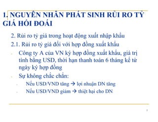 1. NGUYÊN NHÂN PHÁT SINH RỦI RO TỶ
GIÁ HỐI ĐOÁIGIÁ HỐI ĐOÁI
2. Rủi ro tỷ giá trong hoạt động xuất nhập khẩuỷ g g ạ ộ g ập
2.1. Rủi ro tỷ giá đối với hợp đồng xuất khẩu
Công ty A của VN ký hợp đồng xuất khẩu giá trị- Công ty A của VN ký hợp đồng xuất khẩu, giá trị
tính bằng USD, thời hạn thanh toán 6 tháng kể từ
ngày ký hợp đồngngày ký hợp đồng
- Sự không chắc chắn:
Nếu USD/VND tăng lợi nhuận DN tăng- Nếu USD/VND tăng lợi nhuận DN tăng
- Nếu USD/VND giảm thiệt hại cho DN
5
 