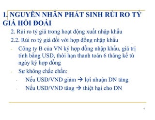 1. NGUYÊN NHÂN PHÁT SINH RỦI RO TỶ
GIÁ HỐI ĐOÁIGIÁ HỐI ĐOÁI
2. Rủi ro tỷ giá trong hoạt động xuất nhập khẩu
ố ồ ẩ2.2. Rủi ro tỷ giá đối với hợp đồng nhập khẩu
- Công ty B của VN ký hợp đồng nhập khẩu, giá trị
ằ ểtính bằng USD, thời hạn thanh toán 6 tháng kể từ
ngày ký hợp đồng
- Sự không chắc chắn:
- Nếu USD/VND giảm lợi nhuận DN tăngg g
- Nếu USD/VND tăng thiệt hại cho DN
6
 