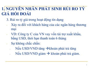 1. NGUYÊN NHÂN PHÁT SINH RỦI RO TỶ
GIÁ HỐI ĐOÁIGIÁ HỐI ĐOÁI
3. Rủi ro tỷ giá trong hoạt động tín dụng
- Xảy ra đối với khách hàng của các ngân hàng thương
mại
- VD: Công ty C của VN vay vốn tài trợ xuất khẩu,
bằng USD, thời hạn thanh toán 6 tháng
- Sự không chắc chắn:
- Nếu USD/VND tăng khoản phải trả tăngNếu US /VN tă g oả p ả t ả tă g
- Nếu USD/VND giảm khoản phải trả giảm.
7
 
