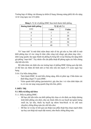 Trường hợp vỡ thẳng vào khoang tự nhiên (ổ bụng, khoang màng phổi) thì sốc nặng
và tử vong ngay sau vỡ ít phút.
Bảng 1. Tỷ lệ vỡ phồng ĐMC theo kích thước khối phồng.
Đường kính khối phồng
(cm)
Tỷ lệ vỡ (%)
1 năm 5 năm
4 1 15
5 3 20
6 9 30
7 25 50
8 40 75
Vỡ “mạn tính” là một khái niệm được một số tác giả nêu ra, bản chất là một
khối phồng dọa vỡ vào vùng tổ chức chắc cứng (cột sống), gây phản ứng viêm –
dính xung quanh, lâu ngày thành túi phồng bị hỏng hết và tạo thương tổn dạng khối
giả phồng “mạn tính”. Tuy nhiên vẫn cần phẫu thuật để phòng ngừa các biến chứng
cấp tính nêu trên.
Để chẩn đoán xác định cho các trường hợp vỡ phồng ĐMC không quá cấp tính,
có thể làm các thăm dò hình ảnh cơ bản như siêu âm mạch, CT scans ngực hay
bụng.
5.4.4. Các biến chứng khác:
- Tách thành ĐMC: là một biến chứng nặng, điều trị phức tạp. Chẩn đoán xác
định bằng chụp CT scans ĐMC.
- Viêm quanh khối phồng (periarteritis): gây đau âm ỉ và viêm dính thậm chí
xì, rò vào các tạng xung quanh (ống tiêu hóa, phổi).
5. ĐIỀU TRỊ
5.1. Điều trị bằng nội khoa
5.1.1. Điều trị phồng ĐMC:
- Để hạn chế tiến triển của khối phồng khi chưa có chỉ định can thiệp (đường
kính khối phồng còn nhỏ), như các thuốc điều trị cao huyết áp (giảm lượng
muối ăn, lợi tiểu, thuốc hạ huyết áp nhóm beta-block và ức chế men
chuyển), chống đông máu (ức chế tiểu cầu).
- Để bảo vệ và duy trì kết quả can thiệp (sau phẫu thuật thay đoạn mạch nhân
tạo hay can thiệp nội mạch đặt stents), như thuốc chống đông máu.
 