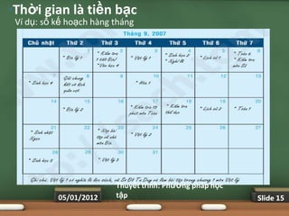 •Thời gian là tiền bạc
 Ví dụ: sổ kế hoạch hàng tháng




                         Thuyết trình: Phƣơng pháp học
           05/01/2012    tập                             Slide 15
 