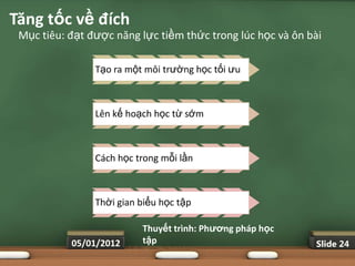Tăng tốc về đích
 Mục tiêu: đạt được năng lực tiềm thức trong lúc học và ôn bài

                Tạo ra một môi trường học tối ưu



                Lên kế hoạch học từ sớm



                Cách học trong mỗi lần



                Thời gian biểu học tập

                          Thuyết trình: Phƣơng pháp học
           05/01/2012     tập                               Slide 24
 