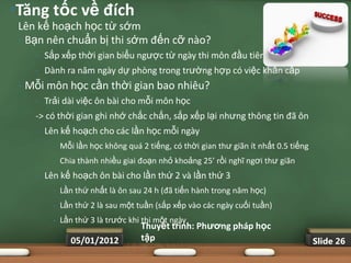 •Tăng tốc về đích
 Lên kế hoạch học từ sớm
 • Bạn nên chuẩn bị thi sớm đến cỡ nào?
       •   Sắp xếp thời gian biểu ngược từ ngày thi môn đầu tiên
       •   Dành ra năm ngày dự phòng trong trường hợp có việc khẩn cấp
 •   Mỗi môn học cần thời gian bao nhiêu?
       •   Trải dài việc ôn bài cho mỗi môn học
       -> có thời gian ghi nhớ chắc chắn, sắp xếp lại nhưng thông tin đã ôn
       •   Lên kế hoạch cho các lần học mỗi ngày
             •   Mỗi lần học không quá 2 tiếng, có thời gian thư giãn ít nhất 0.5 tiếng
             •   Chia thành nhiều giai đoạn nhỏ khoảng 25’ rồi nghĩ ngơi thư giãn
       •   Lên kế hoạch ôn bài cho lần thứ 2 và lần thứ 3
             •   Lần thứ nhất là ôn sau 24 h (đã tiến hành trong năm học)
             •   Lần thứ 2 là sau một tuần (sắp xếp vào các ngày cuối tuần)
             •   Lần thứ 3 là trước khi thi một ngày
                                       Thuyết trình: Phƣơng pháp học
                    05/01/2012         tập                                                Slide 26
 