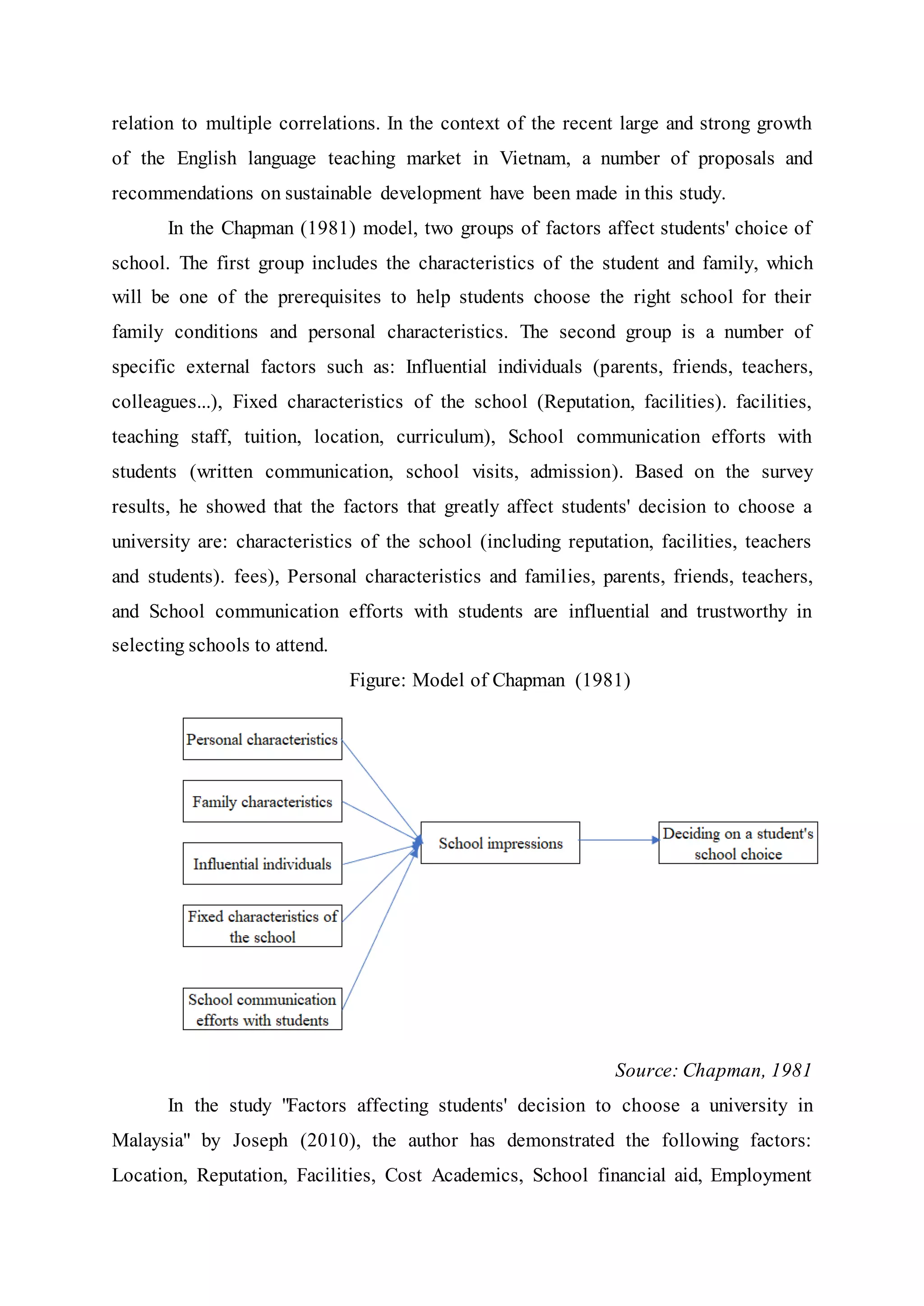 relation to multiple correlations. In the context of the recent large and strong growth
of the English language teaching market in Vietnam, a number of proposals and
recommendations on sustainable development have been made in this study.
In the Chapman (1981) model, two groups of factors affect students' choice of
school. The first group includes the characteristics of the student and family, which
will be one of the prerequisites to help students choose the right school for their
family conditions and personal characteristics. The second group is a number of
specific external factors such as: Influential individuals (parents, friends, teachers,
colleagues...), Fixed characteristics of the school (Reputation, facilities). facilities,
teaching staff, tuition, location, curriculum), School communication efforts with
students (written communication, school visits, admission). Based on the survey
results, he showed that the factors that greatly affect students' decision to choose a
university are: characteristics of the school (including reputation, facilities, teachers
and students). fees), Personal characteristics and families, parents, friends, teachers,
and School communication efforts with students are influential and trustworthy in
selecting schools to attend.
Figure: Model of Chapman (1981)
Source: Chapman, 1981
In the study "Factors affecting students' decision to choose a university in
Malaysia" by Joseph (2010), the author has demonstrated the following factors:
Location, Reputation, Facilities, Cost Academics, School financial aid, Employment
 
