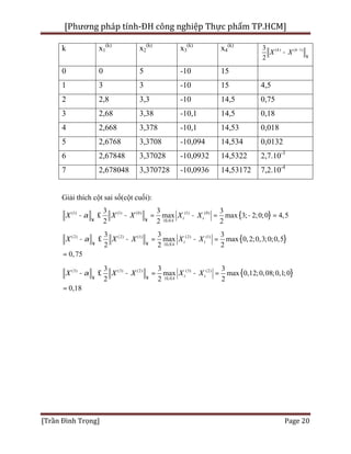 [Phương pháp tính-ĐH công nghiệp Thực phẩm TP.HCM]
[Trần Đình Trọng] Page 20
k x1
(k)
x2
(k)
x3
(k)
x4
(k)
( ) ( 1)3
2
k k
X X -
¥
-
0 0 5 -10 15
1 3 3 -10 15 4,5
2 2,8 3,3 -10 14,5 0,75
3 2,68 3,38 -10,1 14,5 0,18
4 2,668 3,378 -10,1 14,53 0,018
5 2,6768 3,3708 -10,094 14,534 0,0132
6 2,67848 3,37028 -10,0932 14,5322 2,7.10-3
7 2,678048 3,370728 -10,0936 14,53172 7,2.10-4
Giải thích cột sai số(cột cuối):
{ }(1) (1) (0) (1) (0)
1 4
3 3 3
max max 3; 2;0;0
2 2 2
4,5i i
i
X X X X Xa
¥ ¥ £ £
- £ - = - = - =
{ }(2) (2) (1) (2) (1)
1 4
3 3 3
max max 0,2;0,3;0;0,5
2 2
0,7
2
5
i i
i
X X X X Xa
¥ ¥ £ £
- £ - = - =
=
{ }(3) (3) (2) (3) (2)
1 4
3 3 3
max max 0,12;0,0
0,
8;0,1;0
1
2 2 2
8
i i
i
X X X X Xa
¥ ¥ £ £
- £ - = - =
=
 