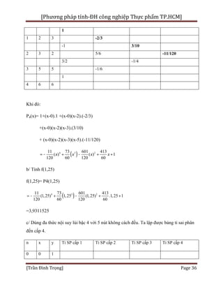[Phương pháp tính-ĐH công nghiệp Thực phẩm TP.HCM]
[Trần Đình Trọng] Page 36
1
1 2 3 -2/3
-1 3/10
2 3 2 5/6 -11/120
3/2 -1/4
3 5 5 -1/6
1
4 6 6
Khi đó:
P4(x)= 1+(x-0).1 +(x-0)(x-2).(-2/3)
+(x-0)(x-2)(x-3).(3/10)
+ (x-0)(x-2)(x-3)(x-5).(-11/120)
( )4 3 211 73 601 413
( ) ( ) 1
120 60 120 60
x x x x= - + - + +
b/ Tính f(1,25)
f(1,25)= P4(1,25)
( )4 3 211 73 601 413
(1,25) 1,25 (1,25) .1,25 1
120 60 120 60
= - + - + +
=3,9311525
c/ Dùng đa thức nội suy lùi bậc 4 với 5 nút không cách đều. Ta lập được bảng tỉ sai phân
đến cấp 4.
n x y Tỉ SP cấp 1 Tỉ SP cấp 2 Tỉ SP cấp 3 Tỉ SP cấp 4
0 0 1
 