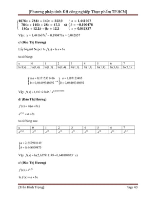 [Phương pháp tính-ĐH công nghiệp Thực phẩm TP.HCM]
[Trần Đình Trọng] Page 43
4676 + 784 + 140 = 252,9
784 + 140 + 28 = 47,3
140 + 12,2 + 8 = 12,2
ó
= 1,441667
= −0,190476
= 0,042857
Vậy: y = 1,441667x2
– 0,190476x + 0,042857
c/ (Đào Thị Hương)
Lấy logarit Neper ln ( ) ln xf x a b= +
ta có bảng:
x 0 1 2 3 4 5 6 7
ln f(x) ln(1,4) ln(1,3) ln(1,4) ln(1,1) ln(1,3) ln(1,8) ln(1,6) ln(2,3)
ln 0,1715331416
0,06469348092
a
b
=ì
í
=î
→
1,187123485
0,06469348092
a
b
=ì
í
=î
Vậy 0,06469348092
( ) 1,187123485f x e= ´
d/ (Đào Thị Hương)
( ) ln( x)f x a b= +
( )
xf x
e a b= +
ta có bảng sau:
x 0 1 2 3 4 5 6 7
( )f x
e 1,4
e 1,3
e 1,4
e 1,1
e 1,3
e 1,8
e 1,6
e 2,3
e
2,657918149
0,648809873
a
b
=ì
í
=î
Vậy ( ) ln(2,657918149 0,648809873 )f x x= + ´
e/ (Đào Thị Hương)
x
( ) a b
f x e +
=
ln ( ) xf x a b= +
 