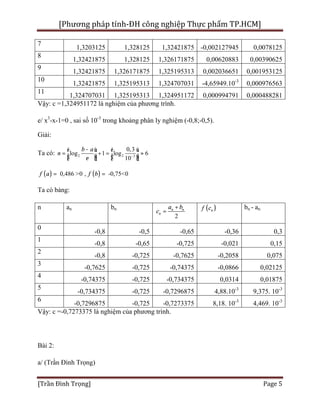 [Phương pháp tính-ĐH công nghiệp Thực phẩm TP.HCM]
[Trần Đình Trọng] Page 5
7
1,3203125 1,328125 1,32421875 -0,002127945 0,0078125
8
1,32421875 1,328125 1,326171875 0,00620883 0,00390625
9
1,32421875 1,326171875 1,325195313 0,002036651 0,001953125
10
1,32421875 1,325195313 1,324707031 -4,65949.10-3
0,000976563
11
1,324707031 1,325195313 1,324951172 0,000994791 0,000488281
Vậy: c =1,324951172 là nghiệm của phương trình.
e/ x3
-x-1=0 , sai số 10-3
trong khoảng phân ly nghiệm (-0,8;-0,5).
Giải:
Ta có: 2 2 3
0,3
log 1 log 6
10
b a
n
e -
-é ù é ù
= + = »ê ú ê úë û ë û
( ) ( )0,486 >0 , -0,75<0af f b= =
Ta có bảng:
n an bn
2
n n
n
a b
c
+
= ( )nf c bn - an
0
-0,8 -0,5 -0,65 -0,36 0,3
1
-0,8 -0,65 -0,725 -0,021 0,15
2
-0,8 -0,725 -0,7625 -0,2058 0,075
3
-0,7625 -0,725 -0,74375 -0,0866 0,02125
4
-0,74375 -0,725 -0,734375 0,0314 0,01875
5
-0,734375 -0,725 -0,7296875 4,88.10-3
9,375. 10-3
6
-0,7296875 -0,725 -0,7273375 8,18. 10-3
4,469. 10-3
Vậy: c =-0,7273375 là nghiệm của phương trình.
Bài 2:
a/ (Trần Đình Trọng)
 